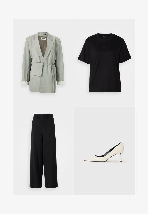 Blazer cinza claro com um ajuste descontraído, apresentando uma cintura com cinto, gola xale e detalhes de punho listrados. Tecido suave com bordas bem cortadas.; T-shirt de algodão preto com decote redondo, mangas curtas e um logótipo bordado no peito. Corte simples e descontraído, sem padrões.; Calças largas pretas feitas de tecido suave, apresentando um design de frente plana, detalhes pregueados e passadores de cinto na cintura.; Sapatilha alta em couro sintético branco com bico fino, salto esbelto e detalhes interiores em preto. Textura suave e design elegante.