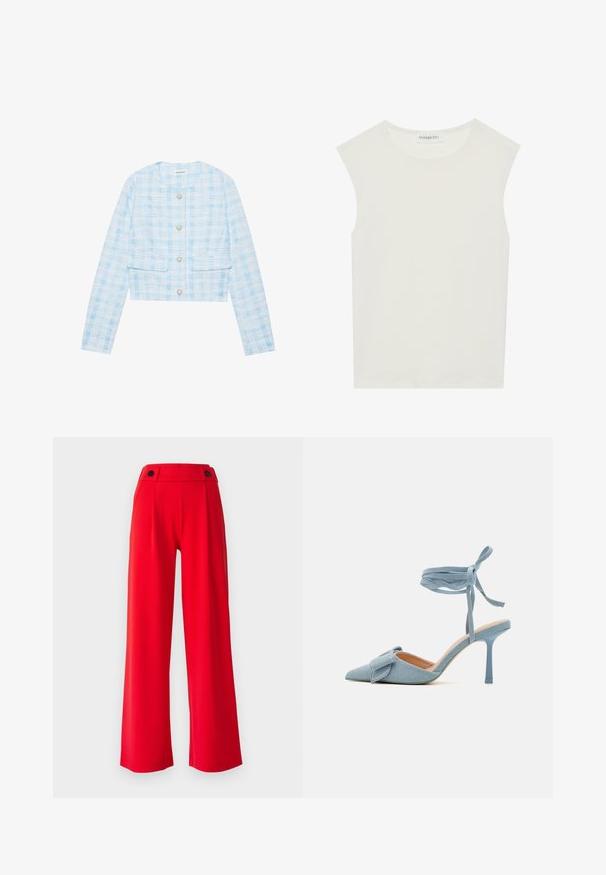 Rövidített kabát világoskék tweedből, kockás mintával, két elülső zsebbel és szív alakú gombokkal. Hosszú ujjakkal.; Fehér ujjatlan felső, kerek nyakkivágással. Simább anyagból készült, laza fazonnal és minimalista kialakítással rendelkezik. Nincsenek minták vagy díszítések.; Piros, bőszárú nadrág magas derékkal, két fekete gombbal a derékrészen és sima, könnyű anyagból készült.; Hegyes orrú magassarkú cipő világoskék szövetből, texturált felülettel, masnis díszítéssel és bokapánttal a biztos illeszkedésért.