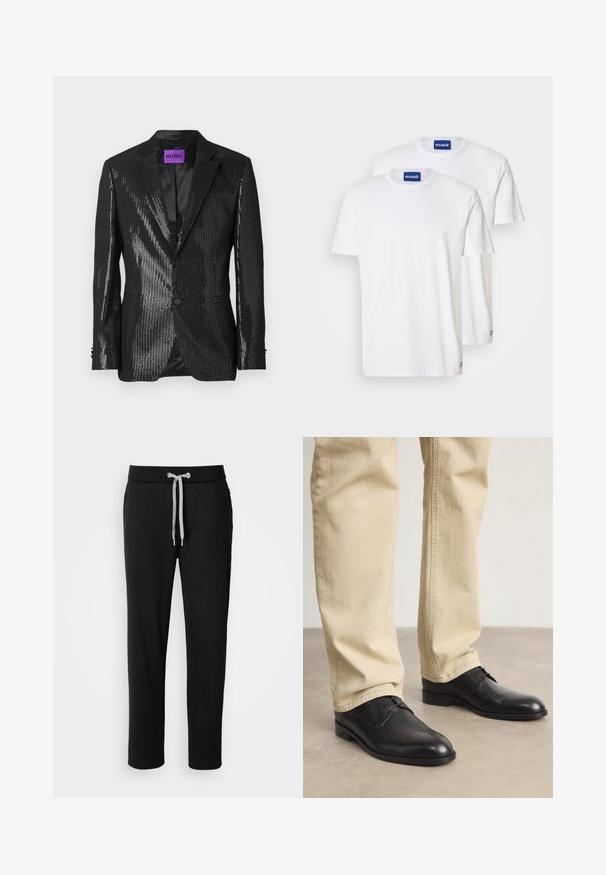 Zwarte blazer met paillettenstructuur, eenzijdig ontwerp, twee voorkruiszakken en notch revers. Bevat een paarse "HUGO" label aan de binnenkant.; Witte katoenen T-shirts met ronde hals en korte mouwen, gelabeld met blauwe "HUGO" labels op de hals en kleine accenten op de zoom.; Zwarte joggingsbroek van zachte stof, met een elastische tailleband met een trekkoord en zijzakken. Casual ontwerp met een rechte pasvorm.; Zwarte leren veterschoenen met een ronde neus, een gladde afwerking en subtiele stikdetails, gedragen met lichtbeige broeken.