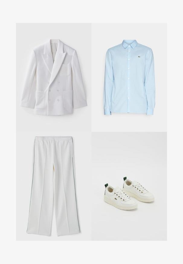 Blazer blanc à double boutonnage avec deux poches avant, revers crantés et un écusson brodé sur la poitrine. Texture lisse, coupe ajustée.; Chemise à manches longues bleu clair en tissu doux, avec un col classique, un devant à boutons et un petit logo vert sur la poitrine.; Pantalons larges blancs avec une taille élastique, dotés de poches latérales et d'un passepoil vert contrastant sur les côtés. Texture de tissu lisse.; Baskets en cuir blanc avec des accents verts, design à lacets, œillets dorés et panneaux texturés. Semelle en caoutchouc épaisse couleur crème.