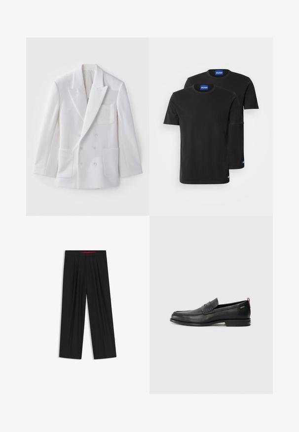 Vit dubbelknäppt blazer med två framfickor, slagkrage och en broderad patch på bröstet. Slät textur, skräddarsydd passform.; Två svarta bomullströjor med rund hals, korta ärmar och blå "HUGO"-etiketter på kragarna och sidorna.; Svarta vida byxor med slät front, två sidofickor, veckad design och en kontrasterande röd midjeresår.; Svarta läderloafers med en texturerad frontpanel och släta sidor. Utrustade med en smal klack och en bakre ögla för enkel påtagning. Klassisk design.