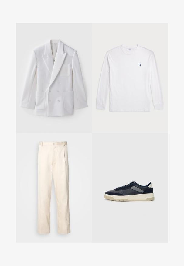 White double-breasted blazer with two front pockets, notched lapels, and an embroidered patch on the chest. Smooth texture, tailored fit.; White long-sleeve T-shirt made of cotton. Features a round neckline, ribbed cuffs, and a small navy blue polo logo on the left chest.; Beige cotton trousers with a straight-leg cut, featuring a button closure and pleats at the front for added detail.; BOSS BALTIMORE - Trainers - open blue