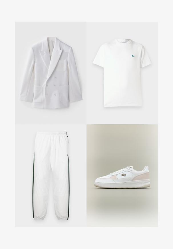 White double-breasted blazer with two front pockets, notched lapels, and an embroidered patch on the chest. Smooth texture, tailored fit.; White cotton t-shirt featuring a crew neck, short sleeves, and a small green embroidered crocodile logo on the left chest.; White track pants with dark green side panels. Lightweight material, elastic waistband, and cuffed hems. Features mesh texture on side panels.; White sneakers with smooth leather upper, suede accents, and rubber sole. Features embossed logo and lace-up design. Minimalist aesthetic.