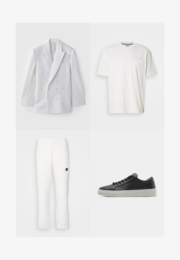 Witte double-breasted blazer met twee voorzakken, gekartelde revers en een geborduurd patch op de borst. Soepele textuur, nauwsluitende pasvorm.; Witte katoenen t-shirt met een ronde hals, korte mouwen en een linkse borstzak. Bevat een klein logo-label op de zijnaad.; Witte sweatpants met elastische tailleband, taps toelopende benen, textuurstof en een reliëf "HUGO" logo op de linker dij.; Zwarte leren sneaker met een gladde textuur, ronde neus en zwarte veters. Heeft een dikke, witte rubberen zool met subtiele geometrische accenten.