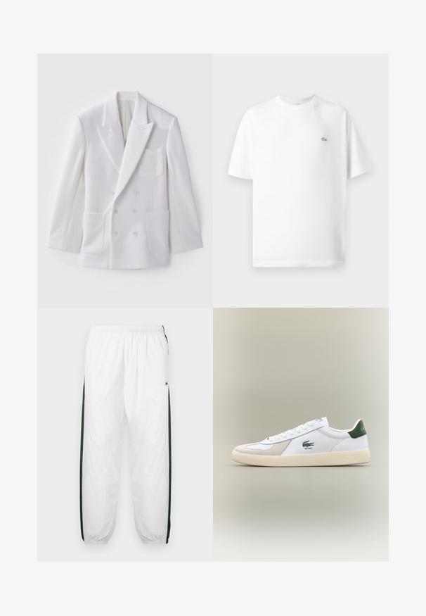 Blazer bianco doppiopetto con due tasche frontali, rever a punta e un ricamo sul petto. Tessuto liscio, vestibilità sartoriale.; T-shirt di cotone bianco con collo rotondo e maniche corte. Presenta un piccolo logo Lacoste nero sul lato sinistro del petto.; Pantaloni da tuta bianchi con pannelli laterali di un verde scuro. Materiale leggero, vita elasticizzata e orli a costine. Presentano una texture in rete sui pannelli laterali.; Sneaker bianca con accenti verdi, materiali in suede e pelle, punta arrotondata, suola testurizzata e logo ricamato sui lati e sulla linguetta.