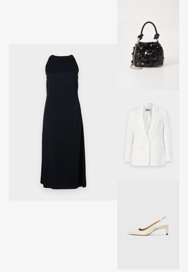 DRYKORN ATLIN - Blejzr - offwhite; Černé bezrukávové šaty s kulatým výstřihem a bočním rozparkem. Vyrobené z hladké tkaniny, s volným střihem a minimalistickým stylem.; Světlé kožené slingback boty s špičatou špičkou, nízkým podpatkem a výřezovým designem, hladkým povrchem a minimálními akcenty.; Černá mini kabelka s flitry, s uzlovým texturovaným popruhem a stříbrným řetízkem. Zaoblený tvar s nařaseným vrchem a reflexními detaily.