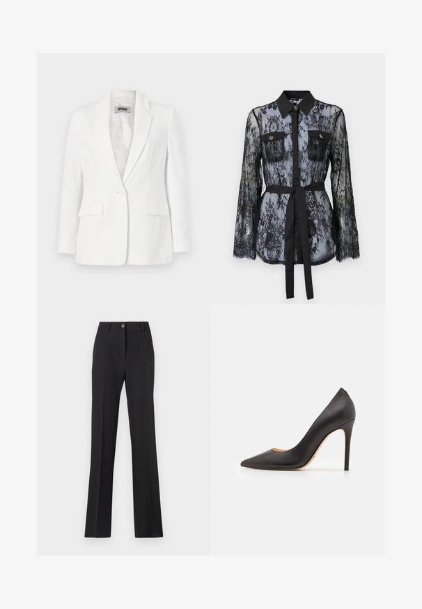 DRYKORN ATLIN - Blazer - offwhite; Blusa nera in pizzo con maniche lunghe, tasche sul petto con bottoni, colletto classico e una cintura in tessuto legata in vita. Design trasparente.; Pantaloni neri sartoriali con un design a gamba dritta. Presentano una chiusura con bottone, passanti per cintura e una texture liscia e opaca.; Décolleté nera in pelle con tacco alto, punteggiato e dalla texture liscia, caratterizzata da un tacco sottile e un design minimalista.