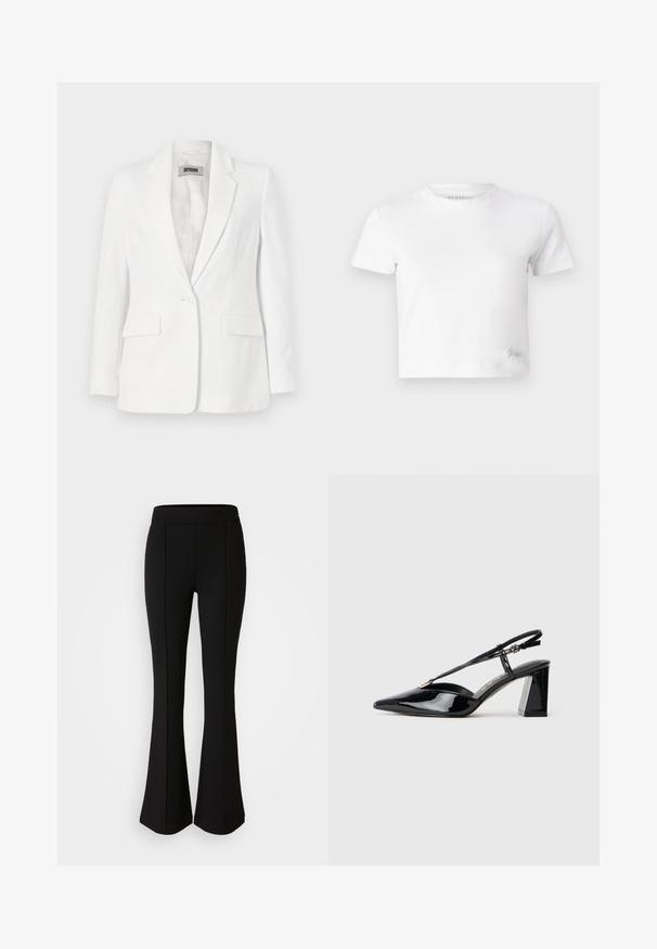 DRYKORN ATLIN - Blazer - offwhite; Weißes, kurzes T-Shirt aus glattem Baumwoll-Stoff mit hohem Ausschnitt und kurzen Ärmeln. Kleines besticktes Logo in der unteren Ecke.; Schwarze, ausgestellte Hose aus einem dehnbaren Material mit glatter Textur, ausgestattet mit Nahtdetails an der Vorderseite für ein zusätzliches Designelement.; Schwarze lackleder Slingback-High-Heels mit spitz zulaufender Zehenpartie, verstellbarem Riemen und klobigem rechteckigem Absatz.