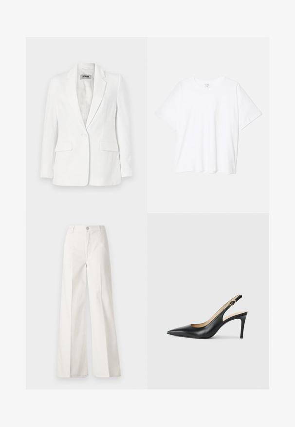 DRYKORN ATLIN - Blazer - offwhite; Vit bomull t-shirt med kort ärm, rund halsringning, avslappnad passform och söm i nederkant. Etikett synlig på insidan av halsen.; Vita vida-byxor gjorda av bomull med en slät textur. Har en framknapp, gylf med dragkedja och fyra fickor.; Svarta läder slingback-högklackade skor med spetsig tå, justerbar rem och en smal stilettklack, med en slät finish.