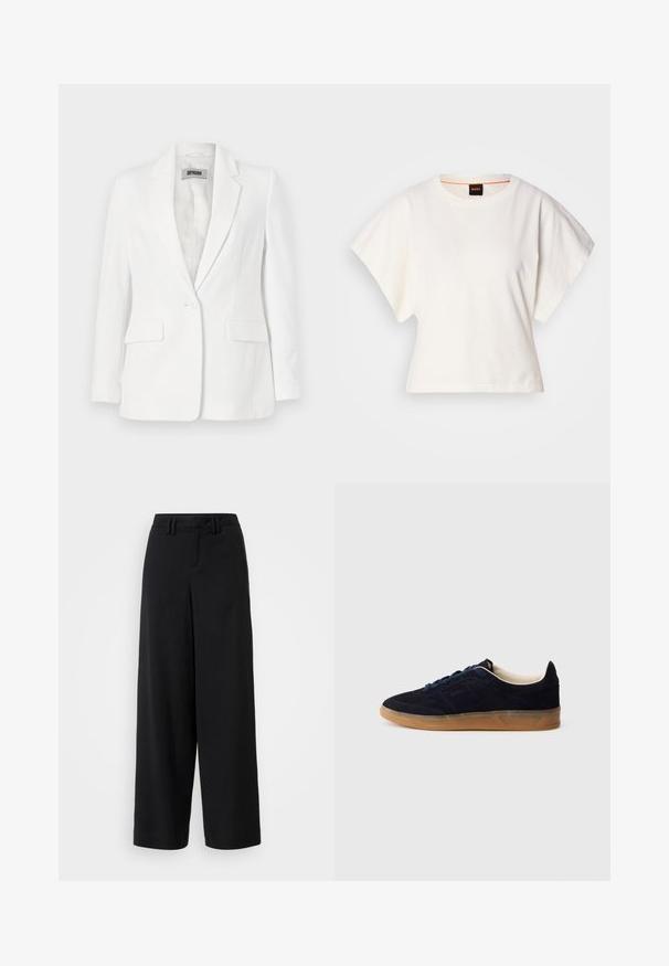 DRYKORN ATLIN - Blazer - offwhite; T-shirt branco cropped, mangas curtas e largas, material de algodão suave, decote redondo com um discreto acabamento laranja, design minimalista, sem padrões ou gráficos.; Calças largas pretas feitas de tecido suave, apresentando um design de frente plana, detalhes pregueados e passadores de cinto na cintura.; Tênis de camurça azul-marinho com sola de borracha cor de goma, atacadores azuis e design minimalista. Apresenta logótipo em relevo na lateral e forro interior liso.