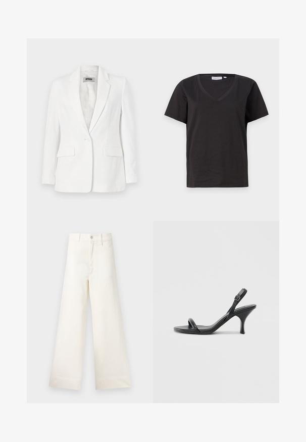 DRYKORN ATLIN - Blazer - offwhite; T-shirt en coton noir avec un col en V et des manches courtes. Design simple avec une coupe régulière et sans motifs ni accents.; Pantalons large en coton beige clair. Dotés d'une taille haute, de poches latérales et d'une coupe droite. Finition ourlet propre sans motifs.; Sandales à talons hauts en cuir noir avec un talon fin et courbé et un design de brides croisées. Bride de cheville réglable. Texture lisse.