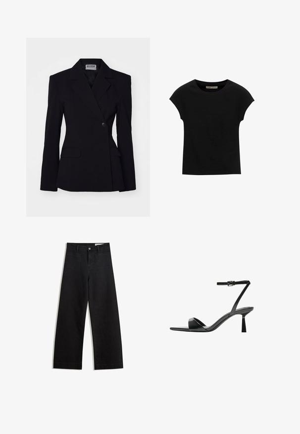 Weekday EDGAR SUITING - Blazer - black; Schwarzes Kurzarm-T-Shirt aus weichem Stoff, mit Rundhalsausschnitt und lockerer Passform, glatter Textur und ohne Muster.; Schwarze weit geschnittene Jeans mit hoher Taille, ausgestattet mit Vorder- und Hintertaschen, gesteppten Nähten und einem Knopfverschluss. Glatte Textur.; Bershka High Heel Sandalette - black