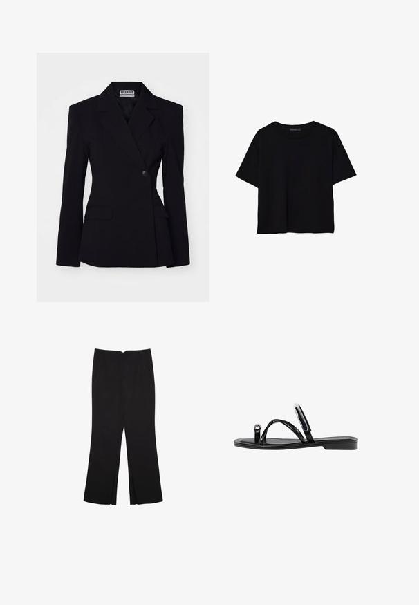 Weekday EDGAR SUITING - Blazer - black; Schwarzes T-Shirt mit kurzen Ärmeln aus Baumwolle. Verfügt über einen runden Ausschnitt und einen lockeren Schnitt mit einer glatten, einfarbigen Textur. Keine sichtbaren Muster oder Akzente.; Schwarze Hose mit geradem Schnitt, ausgestattet mit Fronttaschen und Seitenschlitzen am Saum. Hergestellt aus weichem, glattem Stoff. Geeignet für verschiedene Anlässe.; Schwarze flache Sandalen mit glänzender Oberfläche, drei dünnen Riemen und einem runden Hardware-Detail an den Zehen. Elegantes Design mit einem minimalen Absatz.