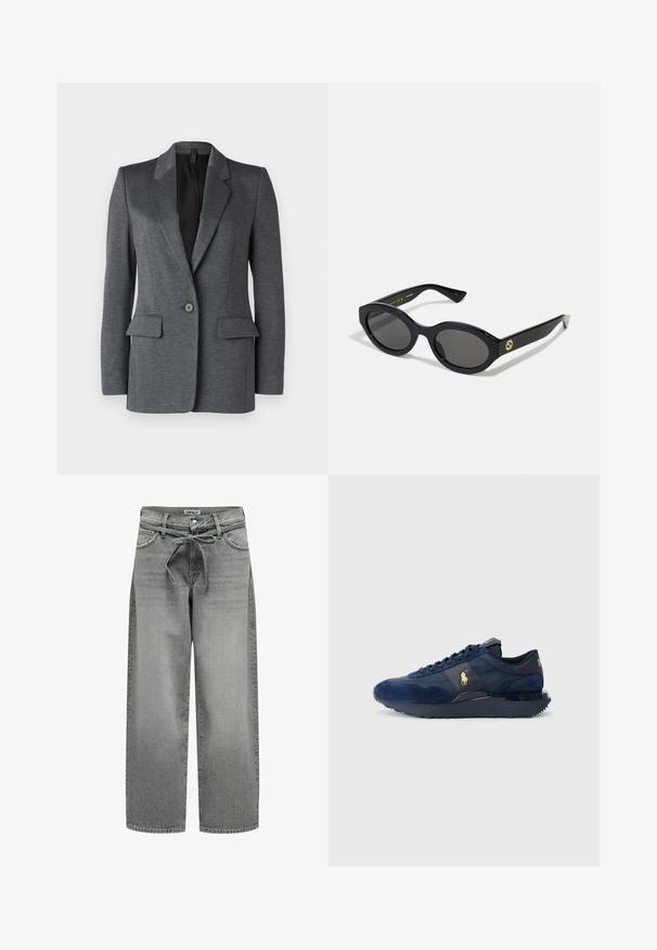 DRYKORN ATLIN - Blazer - grey; Suéter de cuello alto gris hecho de un material de punto suave con puños y dobladillo acanalados. Presenta un corte relajado y un escote estructurado.; Camisa blanca de botones hecha de algodón suave con un cuello clásico, que presenta un dobladillo recto y botones beige en la parte delantera.; Vaqueros de mezclilla gris de pierna ancha con una cintura ajustable con cordón y bolsillos delanteros. La tela presenta una ligera textura y un acabado desgastado.; Zapatillas deportivas azul marino con materiales de ante y malla, con suela de goma, diseño de cordones y un acento de logo dorado.; Gafas de sol negras en forma ovalada con lentes oscuros y montura de plástico brillante. Presenta un logo dorado en la patilla, ofreciendo un diseño elegante y moderno.; Bolso tote negro hecho de tela, con un logotipo embellecido destacado en un diseño circular. Textura suave con acentos de cuero en contraste.