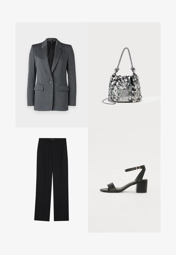 DRYKORN ATLIN - Bleiseri - grey; Mustavärinen ribbed-hihaton paita, jossa on neliömäinen kaula-aukko ja kapeat, säädettävät olkaimet. Kangas on teksturoitu ja istuva malli.; Mustat housut suoralla lahkeella, joissa on kaksi etutaskua ja vyötärö. Valmistettu sileästä, kevyestä kankaasta.; Mustat korkokenkä-sandaalit, joissa on sileä nahkapinta, avoin varvas, leveät etuvarteen strapit ja säädettävä nilkkastrap, jossa on kultainen solkiyksityiskohta.; Pieni hopea käsilaukku, joka on päällystetty suurilla paljeteilla, jossa on solmittu kahva ja ketjuhihna. Edessä on Guess-brändin logo.