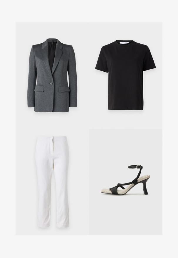 DRYKORN ATLIN - Blazer - grey; T-shirt noir à manches courtes en coton doux, avec un col rond, une coupe décontractée et une texture lisse. Pas de motifs ni de graphiques visibles.; Pantalons en coton blancs avec une coupe droite, dotés d'une taille mi-haute et sans matériel ou motifs visibles. Texture lisse sur l'ensemble.; Sandale à talon noir avec un design de brides tressées, bout carré et bride de cheville réglable. Semelle intérieure beige claire avec un talon noir brillant.