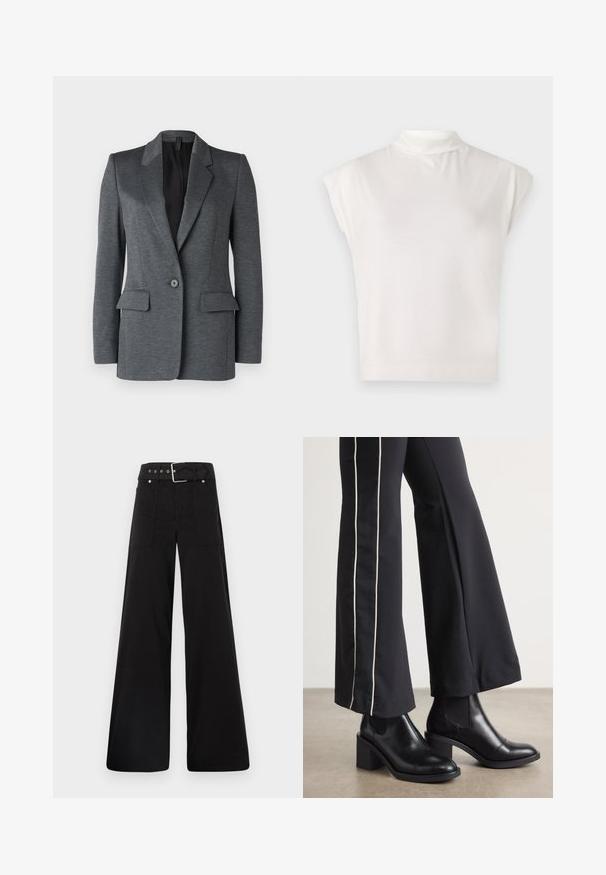 DRYKORN ATLIN szary; Biały bezrękawnik z golfem wykonany z miękkiego materiału, charakteryzujący się nowoczesnym krojem, gładką fakturą i delikatnym detalem w postaci prążkowanego wykończenia.; Czarne spodnie o szerokich nogawkach wykonane z bawełny, z wysokim stanem, dużymi bocznymi kieszeniami i paskiem w talii z akcentami w kolorze srebrnym.; Czarne skórzane botki za kostkę na słupku, z elastycznymi panelami po bokach. Połączone z czarnymi spodniami z białym paskiem po boku.