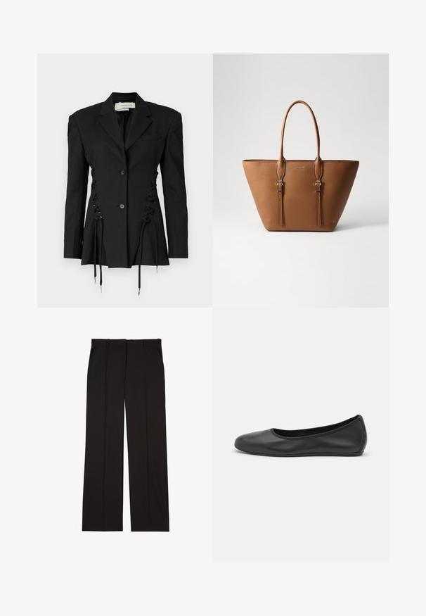Schwarzer taillierter Blazer mit dekorativen Schnürseiten und Kordelzügen. Hergestellt aus strapazierfähigem Stoff, mit klassischen Revers und Knöpfen.; Weißes geripptes T-Shirt mit kurzen Ärmeln und Rundhalsausschnitt. Der Stoff wirkt glatt und hat eine figurbetonte Silhouette. Markenlabel am Kragen sichtbar.; Schwarze, maßgeschneiderte Hosen aus einem glatten Stoff, mit geradem Bein und zwei Seitentaschen. Elegante und minimalistische Konstruktion.; Schwarze Leder-Ballettschuhe mit abgerundeter Spitze, glatter Textur, minimalen Nähdetails und einem flexiblen Sohlen-Design.; Braune Leder-Tote mit strukturiertem Oberflächen, schmal zulaufender Form, zwei stabilen Griffen und dekorativen Akzenten aus goldfarbenem Metall.