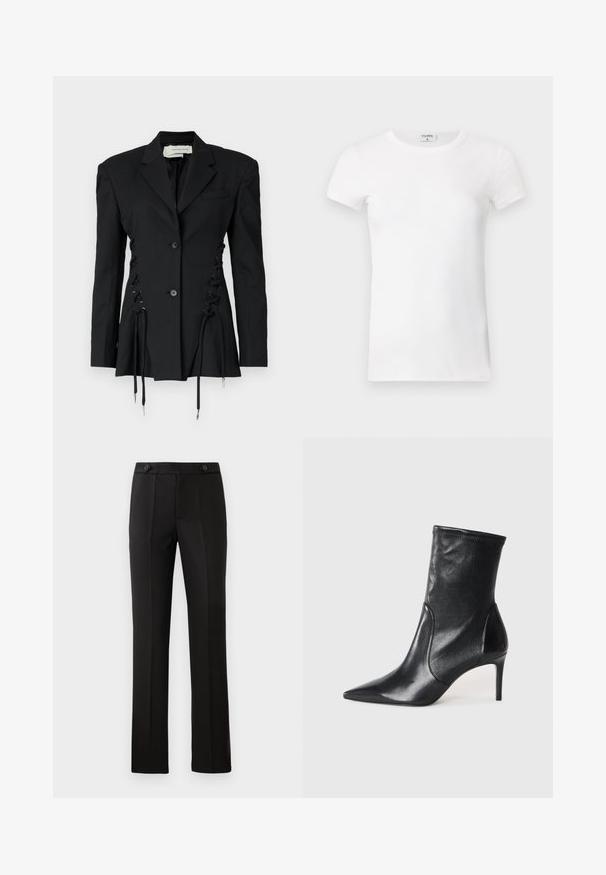 Blazer nero su misura con dettagli in pizzo laterali e lacci. Realizzato in tessuto strutturato, con rever classici e bottoni.; T-shirt bianco a maniche corte con collo tondo. Il tessuto appare liscio con una silhouette aderente. Etichetta del marchio visibile al colletto.; Pantaloni neri su misura con gamba dritta, due tasche frontali, chiusura con bottone e dettagli con pieghe sul davanti. Tessuto morbido.; Stivali neri alla caviglia realizzati in pelle liscia, caratterizzati da un punta affusolata, stivale aderente e un tacco alto e sottile. Design minimalista senza hardware visibile.