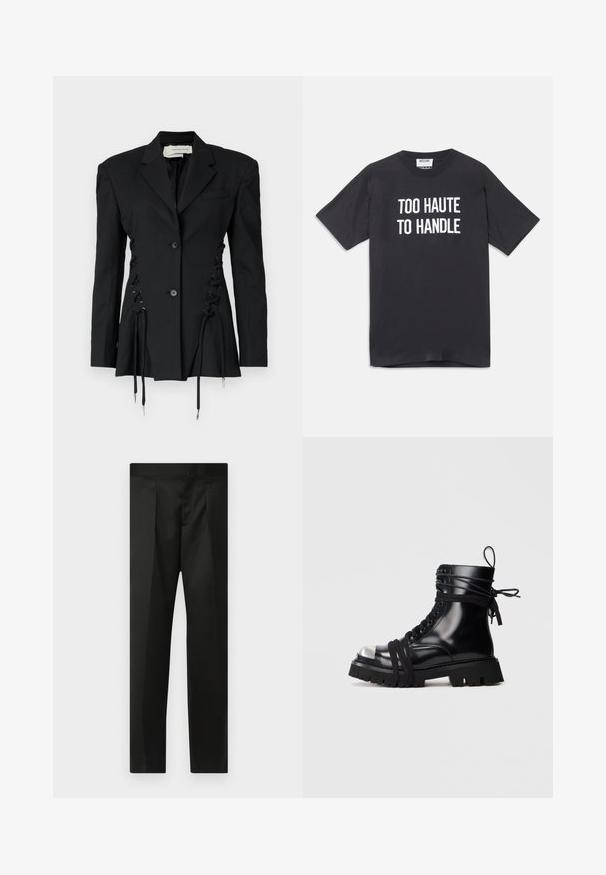 Czarny dopasowany żakiet z dekoracyjnymi sznurowaniami po bokach i wiązaniami. Wykonany z usztywnionego materiału, z klasycznymi klapami i guzikami.; Czarna bawełniana koszulka z krótkim rękawem i okrągłym dekoltem, z białym napisem "ZA GORĄCA, ŻEBY TO ZNIEŚĆ" z przodu.; Czarne spodnie wykonane z gładkiego materiału, z dopasowanym krojem, prostymi nogawkami oraz płaskim pasem bez widocznych zapięć lub kieszeni.; Czarne skórzane botki do kostki z metalowym czubkiem, grubą gumową podeszwą i krzyżującymi się sznurowadłami. Posiadają sznurowany przód i pętelkę z tyłu.