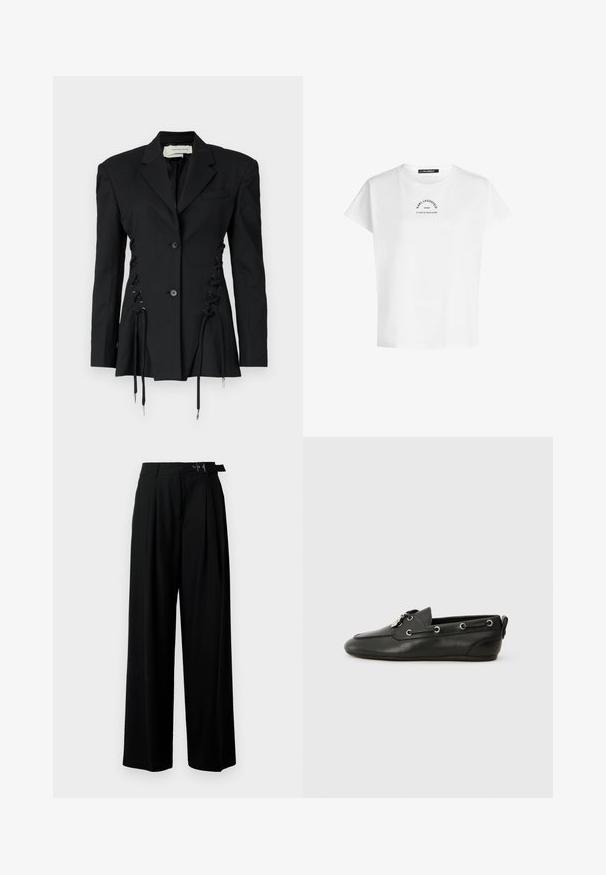 Black tailored blazer featuring decorative lace-up sides and drawstring ties. Made from structured fabric, with classic lapels and buttons.; White short-sleeve T-shirt with round neck, featuring black text "KARL LAGERFELD PARIS 21 RUE ST-GUILLAUME" on the chest.; Black wide-leg trousers with a high waist, pleats at the front, and a belt featuring a buckle. Made from smooth, lightweight fabric.; Black leather boat shoes with rounded toe, lace-up front, metal eyelets, and a flat sole. Features a small tab at the back.