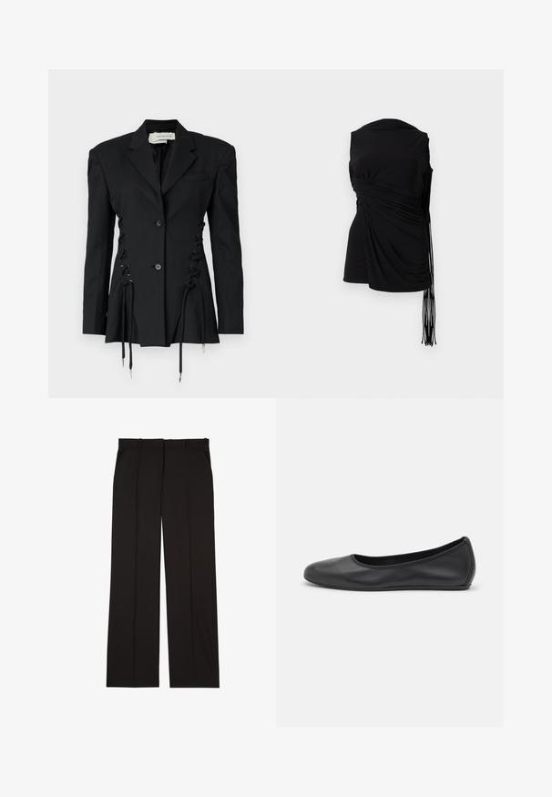 Černý upravený blazer s dekorativními krajkovými šněrovacími stranami a stahovacími šňůrkami. Vyrobeno z pevné látky, s klasickými klopami a knoflíky.; Černý beznáramenkový top s drapérií, bočními nařasením a prodlouženými třásněmi, s hladkou texturou a přiléhavým střihem.; Černé elegantní kalhoty na míru vyrobené z hladké látky, s rovnými nohavicemi a dvěma postranními kapsami. Elegantní a minimalistická konstrukce.; Černé kožené baletní byty s kulatou špičkou, hladkou texturou, minimálními švy a flexibilním designem podrážky.