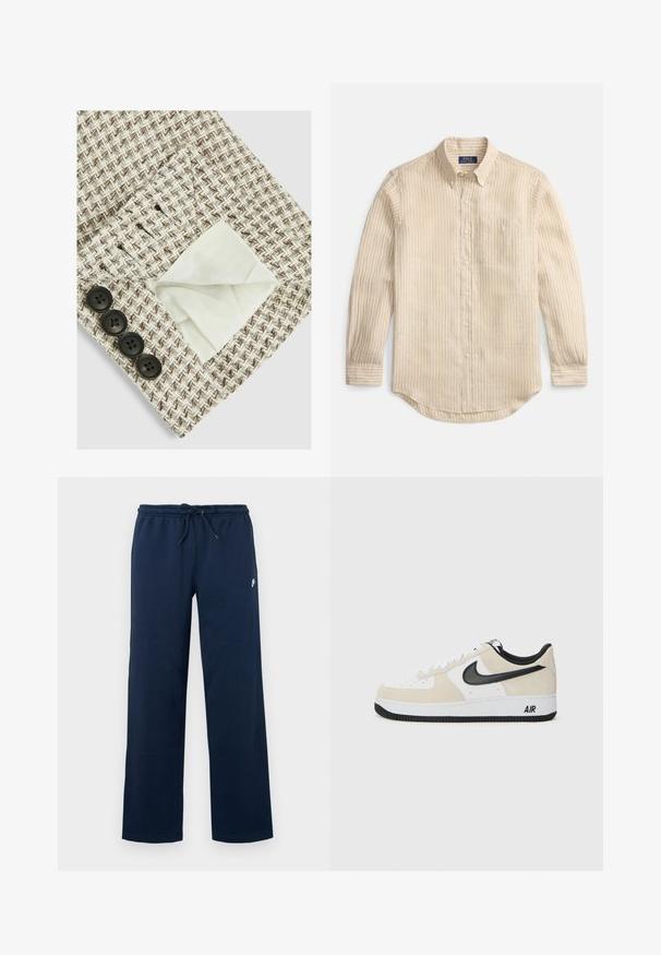 Strukturiertes Gewebe in beigem und braunem Zickzackmuster, mit einem sichtbaren weißen Futter in einer Tasche; vier schwarze Knöpfe am Rand.; Beige, langärmeliges Hemd mit Knöpfen, weißen vertikalen Streifen, Knopfleiste am Kragen, Brusttasche und "Polo Ralph Lauren"-Etikett im Kragen.; Dunkelblaue Sweatpants mit einem elastischen Bund, Kordelzugverschluss, Seitennaht und einem kleinen weißen Logo auf dem oberen linken Bein.; Sneaker mit einem hellbeigen Wildleder- und weißen Leder-Obermaterial, schwarzem Nike-Swoosh, schwarzen Akzenten und einer weißen Gummisohle mit "AIR"-Branding.