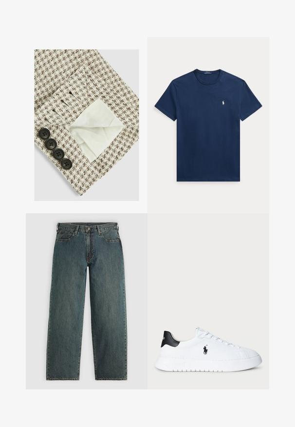 Getextureerde stof in een beige en bruine zigzagpatroon, met een witte voering zichtbaar in een zak; vier zwarte knopen aan de rand.; Marineblauw katoenen T-shirt met een ronde hals en korte mouwen. Klein wit polo-logo op de linkerborst. Klassieke pasvorm en een gladde textuur.; Diepblauwe recht gesneden denim jeans met een knoop- en ritsluiting, voorzakken en riemlussen op een lichtgrijze achtergrond.; Witte lage sneakers met een zwarte hieltab en het zwarte Polo Ralph Lauren-logo op de zijkant, voorzien van witte veters en een dikke rubberen zool.