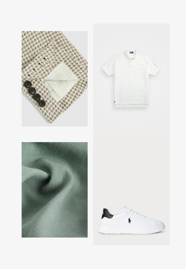 Struktuurne kangas beeži ja pruuniga zigzag-mustris, mille valge vooder on nähtav taskus; nurgas neli musta nööpi.; Valge polo särk, mis on valmistatud puuvillast, klassikalise kraega, kolme nööbiga kinnitusega ja vasakul rinnal taskuga; väike logo helmel.; Hele roheline kangas pehme ja tekstuurse pinnaga, millel on õrnad voldid ja kortsud, luues sujuva ja peene välimuse.; Valged madala varrega tennisesokid musta kandiga ja musta Polo Ralph Laureni logoga külgedel, valgete paeltega ja paksu kummitaldiga.