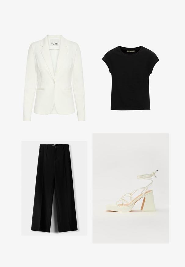 Biała marynarka z gładkiego materiału, z zapięciem na jeden guzik, wyraźnymi klapami i dwoma przednimi kieszeniami. Metka mówi "ICHI."; Czarna koszulka z krótkim rękawem i okrągłym dekoltem. Wykonana z gładkiej, elastycznej bawełny. Prosty design bez wzorów i grafik.; Czarne spodnie szerokie, wykonane z lekkiego materiału, z zapięciem na guzik z przodu i gładkim przodem, z starannie wykończonymi brzegami.; Biała sandał na wysokim obcasie z masywnym słupkiem, z paskowym wzorem i wiązaniem przy kostce. Gładka faktura z platformą z przodu dla dodatkowej wysokości.