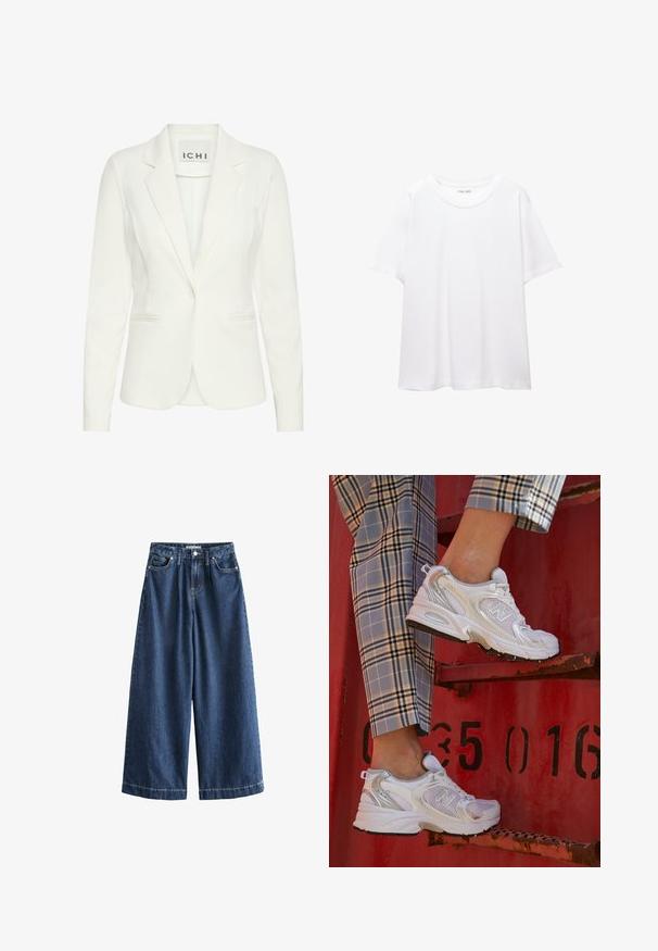 Blazer alb dintr-un material neted, având închidere cu un singur nasture, rever cu tăietură și două buzunare frontale. Eticheta spune "ICHI."; Tricou simplu, alb, din bumbac, cu decolteu rotund, mâneci scurte și croială lejeră. Textură fină, fără modele sau accente.; Pantaloni din denim cu picioare largi, de culoare bleu închis. Confectionați din bumbac rezistent, cu talie înaltă, buzunare frontale și tivuri drepte, scurte, cu cusături vizibile.; Adidași albi din plasă cu accente argintii și o talpă texturată, așezați pe o suprafață roșie, asociați cu pantaloni în carouri.