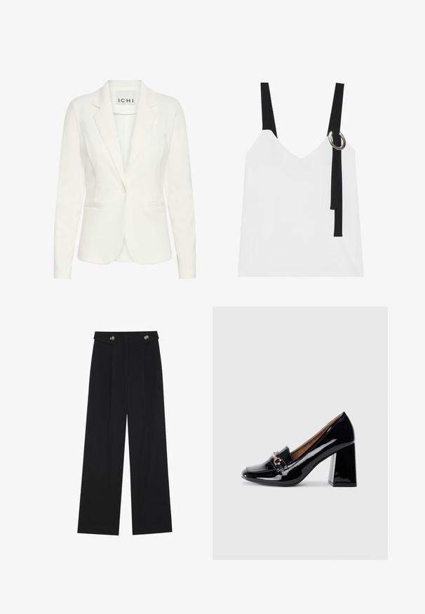 White blazer made of smooth fabric, featuring a single button closure, notch lapels, and two front pockets. Label reads "ICHI."; White sleeveless top with a V-neck, featuring black straps and a silver ring detail. Smooth fabric and a modern, minimalist design.; Black wide-leg trousers with high waist, button details on waistband, and front pleats.; Black patent leather high-heeled shoe with a pointed toe and block heel. Features a decorative strap and buckle detail on the vamp.