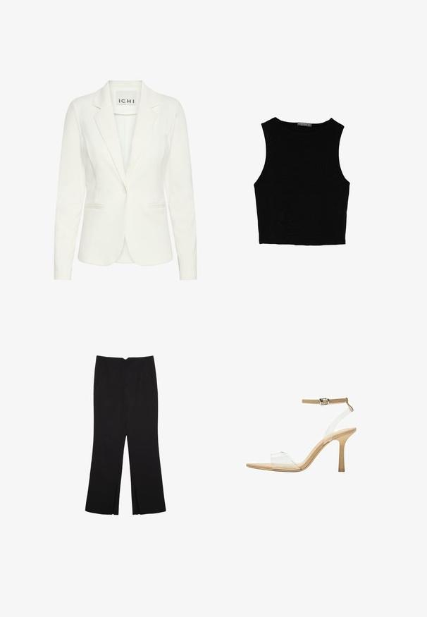 Bela blejzer iz gladkega materiala, z enim gumbom za zapiranje, z nožnimi klapnicami in dvema sprednjima žepoma. Oznaka navaja "ICHI."; Črn brez rokavov crop top, izdelan iz gladkega materiala, z okroglim izrezom in čistim, preprostim dizajnom brez vzorcev ali dodatkov.; Črne hlače ravnega kroja z naglavnimi žepi in stranskimi razporki na robu. Narejene iz mehke, gladke tkanine. Primerne za različne priložnosti.; Sandal z jasnim petnikom s prozornim zgornjim delom, bež podplatom in sivim trakcem okoli gležnja. Ima koničast nos in tanek visoki petek.