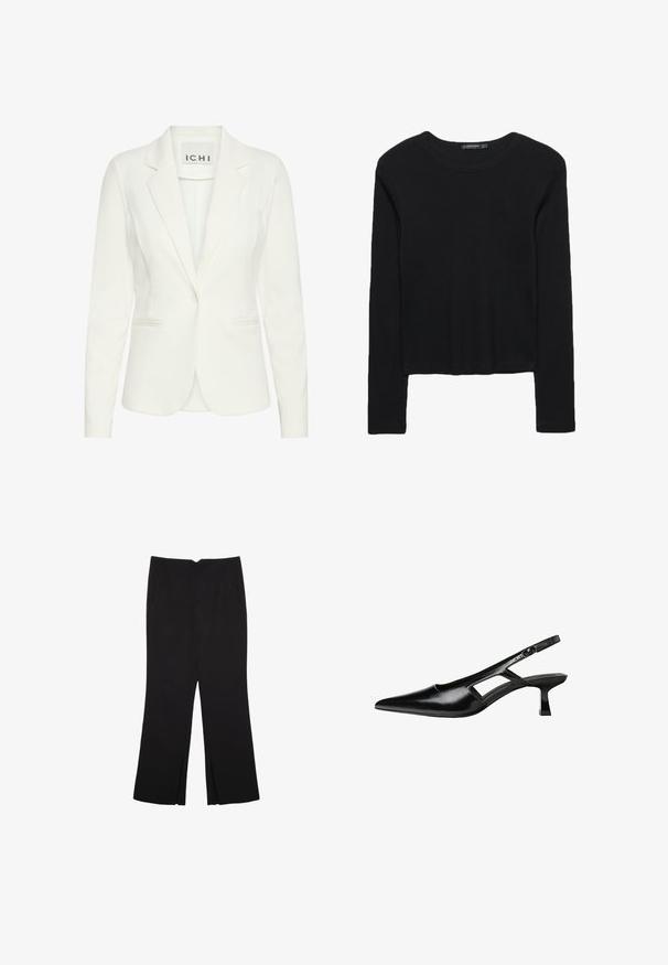 Biała marynarka z gładkiego materiału, z zapięciem na jeden guzik, wyraźnymi klapami i dwoma przednimi kieszeniami. Metka mówi "ICHI."; Czarna bluzka z długim rękawem, wykonana z teksturowanej tkaniny. Posiada okrągły dekolt oraz krótki fason z dopasowanymi rękawami. Bez widocznych wzorów.; Czarne spodnie o prostym kroju, z przednimi kieszeniami i bocznymi rozcięciami na dole. Wykonane z miękkiego, gładkiego materiału. Odpowiednie na różne okazje.; Czarne lakierowane czółenka na odkrytej pięcie z wąskim noskiem, z wykrojem po bokach i małym kwadratowym obcasem. Gładka faktura z minimalnymi akcentami.