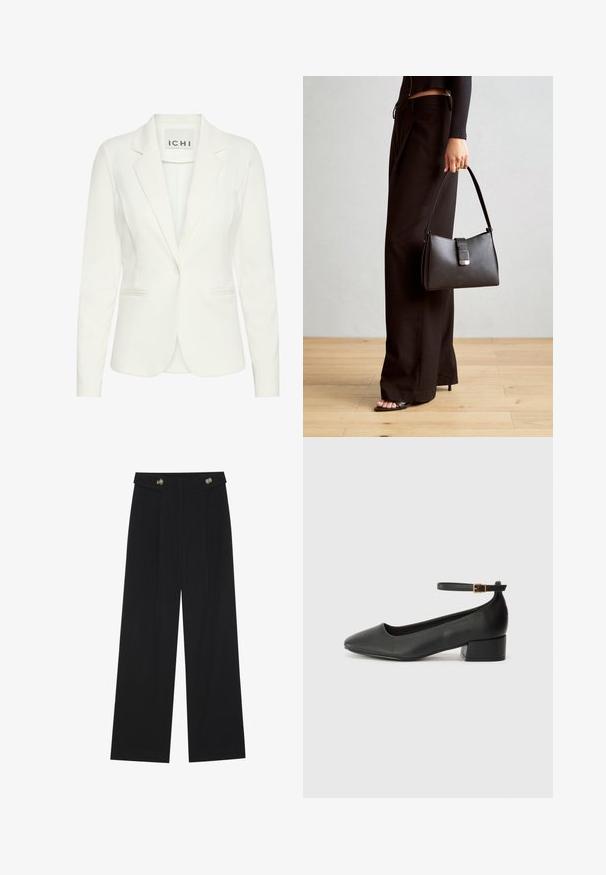 Fehér blézer sima anyagból, egy gombos záródással, párnázott gallérral és két elülső zsebbel. A címkén az "ICHI" felirat olvasható.; Két hosszú ujjú felső, az egyik fekete, a másik fehér, mindkettő négyzet alakú nyakkivágással rendelkezik, és puha, rugalmas anyagból készült.; Fekete, bő szárú nadrág magas derékkal, gombos részletekkel a derékrészen és elülső pliszékkal.; Fekete bőr magassarkú cipő hegyes orral és alacsony tömb sarkal. Bokapánttal rendelkezik, aranyszínű csattal. Simább textúra.; Fekete kézi táska strukturált formával, sima textúrával és fémből készült záródással. Széles fekete nadrággal és nyitott orrú szandállal párosítva, fából készült padlón.