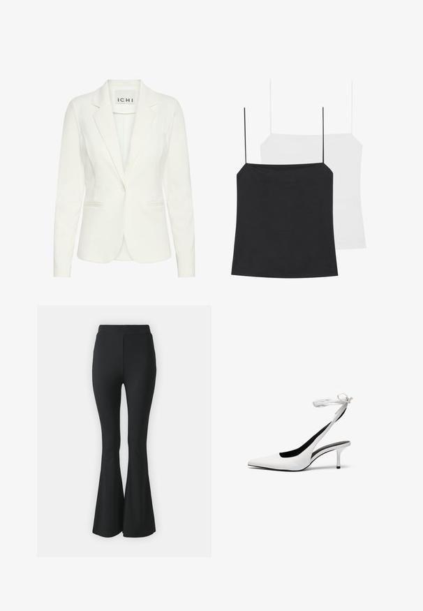 Hvit blazer laget av glatt stoff, med en enkelt knapp lukking, noth lapels, og to frontlommer. Merket leser "ICHI."; To camisole topper vises: en svart og en hvit. Begge har tynne stropper og en tettsittende design laget av et glatt, elastisk stoff.; Svarte vide bukser laget av elastisk stoff. Har høy midje og en glatt, tettsittende design som vidder ut fra kneet og nedover.; Hvite spisse slingback-hæler med tynn ankelrem. Glatt lærmateriale, tynn stiletthæl og svart innvendig foring.