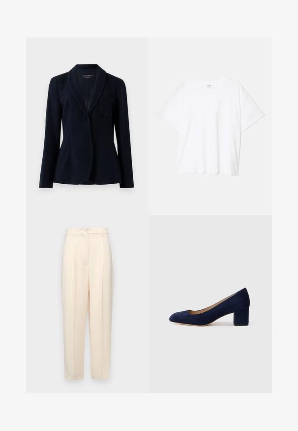 Sötét tengerészkék, testre szabott zakó strukturált anyagból, sállapellel, hosszú ujjakkal és egyetlen mellzsebbel, az Emporio Armani ICON felirattal.; Fehér pamut póló rövid ujjal, kerek nyakkivágással, laza fazonnal és varrott szegéllyel. Címke látható a belső nyakrészén.; Beige, egyenes szabású testre szabott nadrág, elöl plisszírozással, sima textúrával és közepes derékkal. Nincsenek látható zsebek.; Tengerészkék velúr, hegyes orrú pumpa, középmagas tömbsarkúval. Simítású felület finom fénylő hatással, elöl egy kis kivágással.