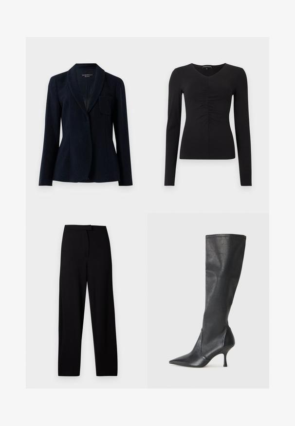 Tamsiai mėlynas pritaikytas švarkas su tekstūruotu audiniu, šalo apykakle, ilgomis rankovėmis ir vienu krūtiniu kišene, pažymėtas Emporio Armani ICON.; Juodas ilgarankoviai marškinėliai su V formos iškirpte ir sušnibždėtu priekyje, pagaminti iš lygaus audinio. Aptemptas siluetas ir minimalus dizainas.; Juodos plačios kelnės, pagamintos iš minkštos, tamprios medžiagos. Turi lygią juosmenį ir nematomas siūles bei kišenes. Paprastas ir universalus dizainas.; Juodų odinių batų iki kelių su smailiu pirštu ir plonu stiletto kulnu. Lygus paviršius, pritaikytas dizainas ir siuvimas viršutiniame krašte.