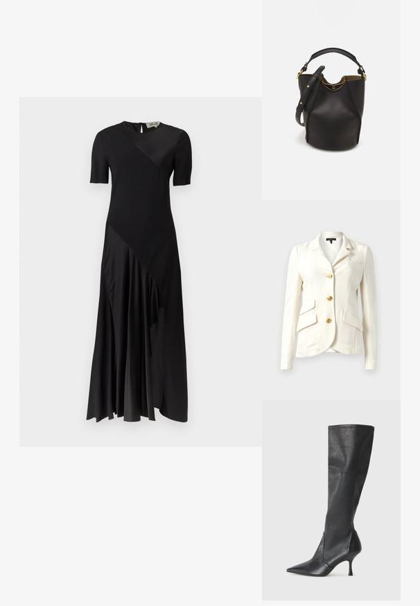 Blazer blanc en tissu texturé, au design ajusté, avec des boutons dorés, deux poches avant et une poche poitrine unique. Col classique et manches longues.; Robe midi noire à manches courtes, design asymétrique. Fabriquée en tissu lisse avec un détail drapé et un col rond à l'arrière.; Bottes en cuir noir arrivant jusqu'aux genoux avec un bout pointu et un talon aiguille fin. Texture lisse avec un design ajusté et des coutures au bord supérieur.; Sac seau en cuir noir avec une finition texturée, accents en matériel doré et une ouverture en haut. Il dispose d'une courte poignée et d'une sangle d'épaule réglable.