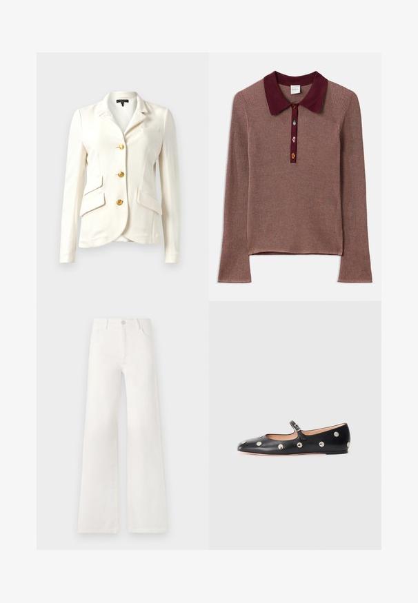 Valge bleiser tekstureeritud kangast, sobitatud disain, kullast nupud, kaks eesmist taskut ja üks rinna-tasku. Klassikaline krae ja pikad varrukad.; Pikend seljaeheline mauve värvi topp burgundi polo kraega. Kaela juures on kolm mitmevärvilist nuppu, mis lisavad kontrasti ja detaili.; Valged, kõrge vöökohaga laiad teksad, mis on valmistatud denimist. Omab nupuga sulgemist, kahte esimest taskut ja külgede õmbluste detailseid õmblusi.; Must naar mustast valmistatud Mary Jane lamedad jalanõud, ümarate varvastega, hõbedaste ümmarguste nupukestega ja reguleeritava rihmaga, millel on klamber.