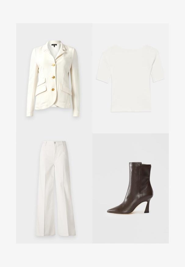 White blazer with a textured fabric, fitted design, gold buttons, two front pockets, and a single chest pocket. Classic collar and long sleeves.; White ribbed short-sleeve top with a wide neckline. The texture features vertical stripes, emphasizing a snug fit and simple design.; White wide-leg trousers made from cotton with a smooth texture. Features a front button, zipper fly, and four-pocket design.; Dark brown leather mid-calf boot with pointed toe, curved slim heel, and smooth finish on a white background.