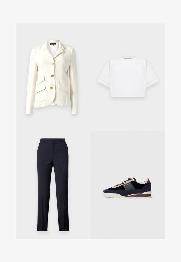 Balta džinsinė švarka su tekstūruota medžiaga, prigludusia forma, auksinėmis sagutėmis, dviem priekiniam kišenėm ir viena krūtine kišenė. Klasikinis apykaklė ir ilgos rankovės.; Trumpas baltas marškinėliai iš minkštos medžiagos, su trumpomis rankovėmis, apvaliu iškirpimu ir raukšlėtais hemų detalėmis. Paprastas ir be puošmenų dizainas.; Jūriniai pritaikyti kelnes su tiesiu kirpimu, turinčios lygų paviršių, dvi priekinės kišenės ir švarus liemuo.; Jūrų melsvi velveto sportbačiai su smėlio ir tamsiai mėlynomis detalėmis. Turi baltą gumos pabanduką ir auksinius logotipus šone. Klasikinis sportinis dizainas.