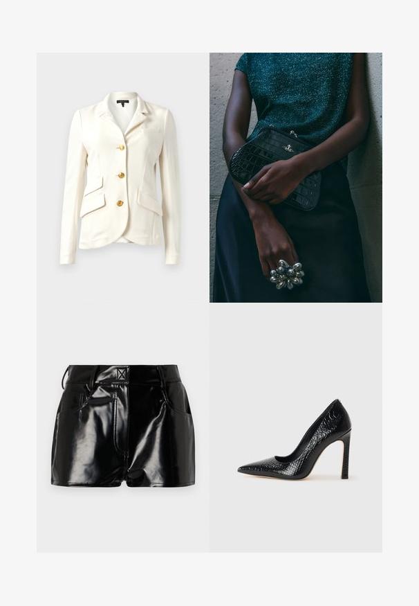 Blazer blanc en tissu texturé, au design ajusté, avec des boutons dorés, deux poches avant et une poche poitrine unique. Col classique et manches longues.; Débardeur gris à côtes avec un design ajusté, des emmanchures larges et une encolure arrondie. Fabriqué en coton doux avec une texture lisse.; Shorts noirs et brillants en matériau synthétique. Présentent une taille ajustée, des passants de ceinture et des poches avant avec des détails de couture prononcés.; Escarpin noir à bout pointu avec texture en cuir de crocodile, présentant un design élégant, un haut talon aiguille et un intérieur noir lisse.; Sac à main en cuir noir à motif crocodile avec des finitions en métal argenté, posé sur un fond texturé gris. Présente une surface brillante.