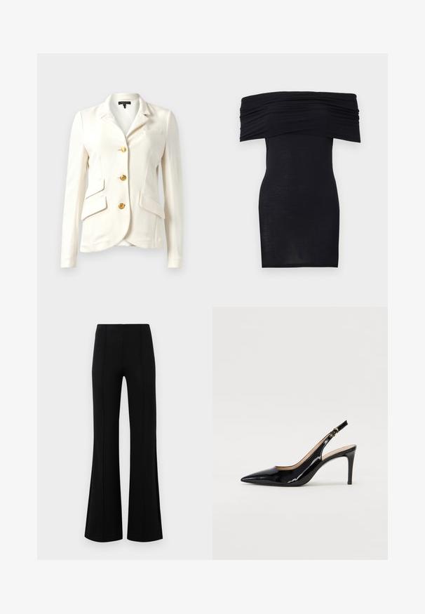 Weißes Blazer-Jackett aus strukturiertem Stoff, taillierter Schnitt, goldene Knöpfe, zwei Fronttaschen und eine Brusttasche. Klassischer Kragen und lange Ärmel.; Schwarzes schulterfreies Kleid mit gerafftem Ausschnitt, schmaler Passform und glatter Textur. Minimalistisches Design, knielang ohne zusätzliche Verzierungen.; Schwarze Schlaghose mit hoher Taille, aus dehnbarem Material. Mit vertikalen Nahtdetails auf der Vorderseite und einer glatten Textur.; Schwarz lackierte Slingback-Pumps mit spitzem Zehenbereich, schlankem Absatz und einem subtilen Ausschnittdesign. Verfügt über eine goldene Schnalle am Riemen.