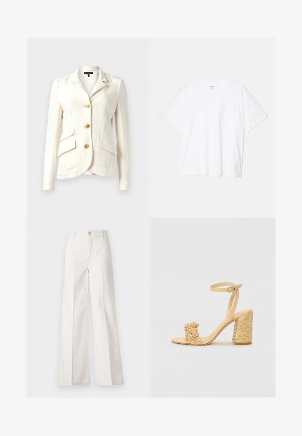 Blazer blanco con una tela texturizada, diseño ajustado, botones dorados, dos bolsillos frontales y un bolsillo en el pecho. Cuello clásico y mangas largas.; Camiseta de algodón blanca con mangas cortas, escote redondo, corte relajado y dobladillo cosido. Etiqueta visible en el interior del cuello.; Pantalones de pierna ancha blancos hechos de algodón con una textura suave. Cuenta con un botón delantero, cremallera y un diseño de cuatro bolsillos.; Sandalia de tacón alto beige con textura trenzada, que presenta una flor decorativa y una correa en el tobillo. El tacón cuadrado añade estabilidad.