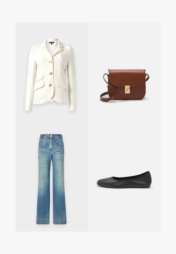 Balta džinsinė švarka su tekstūruota medžiaga, prigludusia forma, auksinėmis sagutėmis, dviem priekiniam kišenėm ir viena krūtine kišenė. Klasikinis apykaklė ir ilgos rankovės.; Balta trumpa rankovėmis marškinėliai, pagaminti iš pasiruošusio audinio. Apvali iškirptė, reguliari tinkamumas ir subtilūs siuvimo detalės. Be raštų ar grafikos.; Šviesiai mėlynos džinsinės platėjančios kelnės su penkiomis kišenėmis, diržo kilpojais, mygtuko uždarymu ir šiek tiek nusidėvėjusia struktūra, su raudonu logotipo akcentu ant nugaros.; Juodai odiniai baletai su apvaliu pirštu, lygi texture, minimalus siuvimo detales ir lanksčiu padų dizainu.; Ruda odinė rankinė su uždaromu dangteliu, aukso spalvos detalėmis, petneša ir lygiu paviršiumi. Kompaktiška stačiakampio formos.