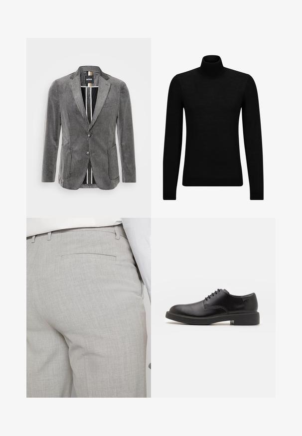 BOSS HANRY - Suknjič - silver; Črna turtleneck pulover iz mehkega materiala, z dolgimi rokavi in tesnim prileganjem. R ibana obroba na robu in rokavih. Preprosta zasnova.; Svetlo sive hlače po meri iz teksturirane tkanine, z enim zadnjim žepom in čistim šivom.; Črne usnjene čipkaste čevlje z zaobljenim nosom, gladko teksturo, minimalnim šitjem in nizkim gumijastim peto. Logo na peti.