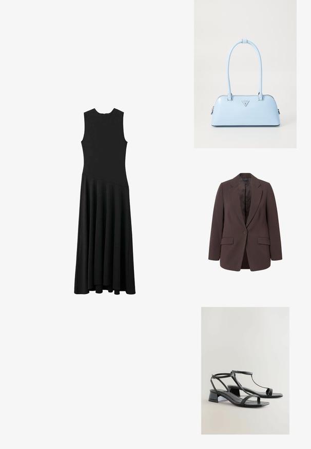 Brauner Blazer mit maßgeschneidertem Design, ausgestattet mit einem Reverskragen, einem einzelnen Knopfverschluss und zwei Vorderaschen. Glatte Textur und klassischer Schnitt.; Schwarzes ärmelloses Maxikleid mit enger Passform im Oberteil und schwingendem Rock, ausgestattet mit einer glatten Textur und minimalistischem Design, ohne sichtbare Verschlüsse.; Schwarze Sandalen mit Absatz, die über ein elegantes Lackfinish, schlanke Riemen, ein T-Bar-Design und einen niedrigen Blockabsatz für Stabilität verfügen.; Helle blaue Handtasche mit strukturierter Form, glattem Leder, zwei Griffen und einem dreieckigen Markenlogo auf der Vorderseite. Mit Reißverschluss.