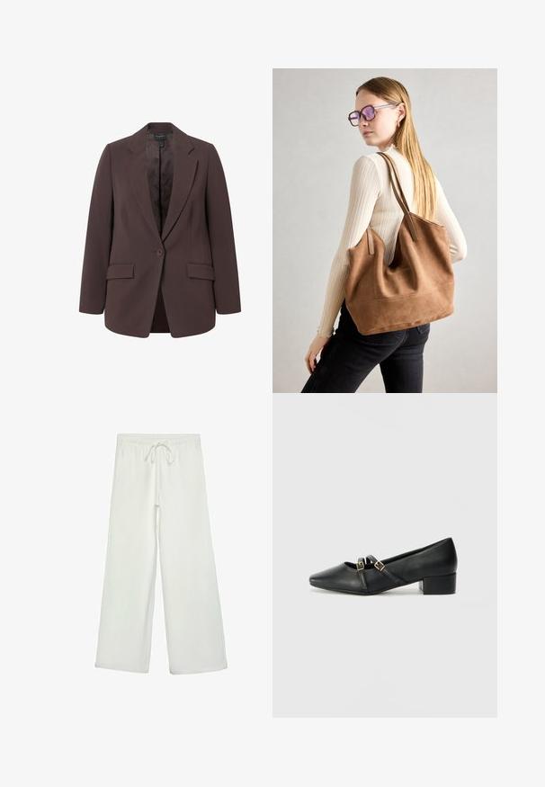Blazer marrone con design sartoriale, caratterizzato da rever a falda, chiusura con un solo bottone e due tasche frontali. Texture liscia e vestibilità classica.; Magliette a maniche lunghe in bianco e nero, con collo rotondo, tessuto morbido e design aderente con orli dritti.; Pantaloni bianchi a gamba larga realizzati in un tessuto morbido. Presentano un elastico in vita con cordino e una consistenza liscia. Senza motivi visibili o accessori.; Scarpe con tacco a blocco in pelle nera con punta quadrata. Presentano due cinturini con fibbie dorate sopra il piede. Texture liscia, design minimale.; Borsa a tracolla in suede marrone con texture morbida, ampia apertura e lunghe cinghie. Caratterizzata da un design semplice con cuciture visibili e senza accessori.