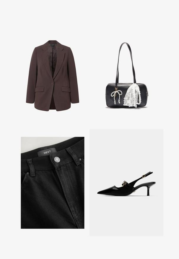 Blazer marrón con un diseño ajustado, que presenta solapa tipo muesca, cierre de un solo botón y dos bolsillos frontales. Textura suave y corte clásico.; Top de manga larga y cuello redondo en color crema, hecho de una tela suave. Presenta un corte recto y un diseño minimalista sin adornos.; Pantalones de mezclilla negros que presentan un cierre de botón, lazos para cinturón y costuras en tono similar. Etiqueta "NEXT" visible en la cintura. La textura parece resistente.; Tacones slingback de charol negro con punta afilada, que cuentan con dobles hebillas doradas y un fino tacón de aguja.; Even&Odd Bolso de mano - black
